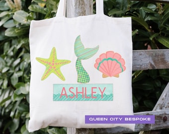 Bolsa de playa personalizada con diseño de sirena: bolsa de lona con conchas marinas