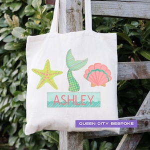 Personalisierte Mädchen Name Strand Tragetasche, Meerjungfrau Strand Tragetasche, Kinder personalisierte Pool Tasche, personalisierte Strand Tragetasche, Muschel Tasche