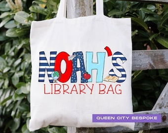 Mochila personalizada para niños para la biblioteca escolar, bolsa de mano con nombre para la biblioteca