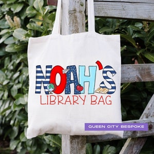 Personalized Boys Library Bag for School, Kids Name Library Tote Bag