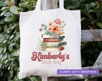 Gepersonaliseerde draagtas bloemenbibliotheek: retro boekentas