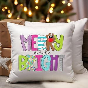 Merry & Bright Christmas Pillow Cover, Reindeer Christmas Pillow, Pink Christmas Throw Pillow, Kids Christmas Pillow