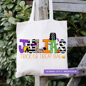 Girls Trick or Treat Halloween Name Bag, Girl Name Trick or Treat Bag, Personalized Girls Halloween Candy Bag, Kids Name Halloween Tote Bag
