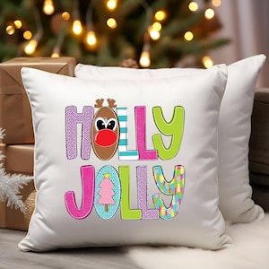 Holly Jolly Christmas Pillow Cover, Reindeer Christmas Pillow, Pink Christmas Throw Pillow, Kids Christmas Pillow