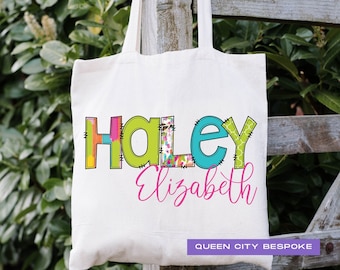 Personalized Girls Canvas Tote Bag: Custom Name Book Bag