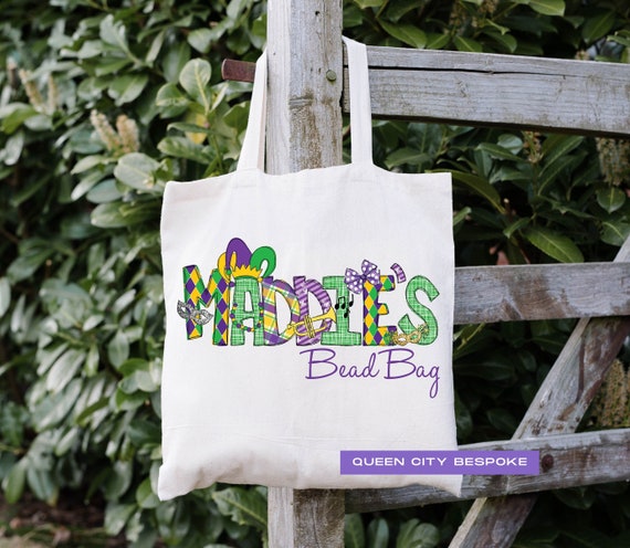 Personalized Mardi Gras Bead Bag, Mardi Gras Tote Bag, Mardi Gras Name Canvas Bag, Mardi Gras Parade Bag, Child's Mardi Gras Bead Bag