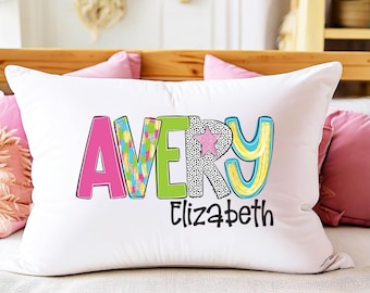 Personalized Girls Name Pillowcase: Colorful Doodle Font Bedding