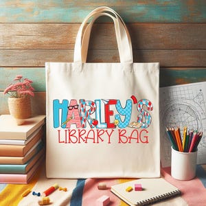 Sac de bibliothèque personnalisé, Sac de bibliothèque de noms d'enfants pour l'école, Sac fourre-tout de bibliothèque de noms d'enfants