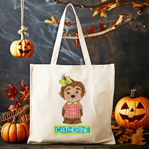 Girls Halloween Bag, Personalized Girls Halloween, Spooky Girl Bag, Monogrammed Trick or Treat Bag, Halloween Tote Bag Canvas