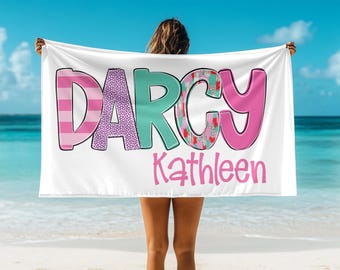 Personalized Girls Beach Towel: Custom Name, Girly Doodle Font