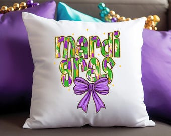 Coquette Mardi Gras Throw Pillow, Nola Home Decor, Carnival Season Bow, 18x18 Pillow Cover