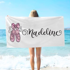 Ballet Beach Towel, Dance Name Beach Blanket, Personalized Ballet Slippers Pool Towel, Custom Name Ballet Beach Vacation Towel
