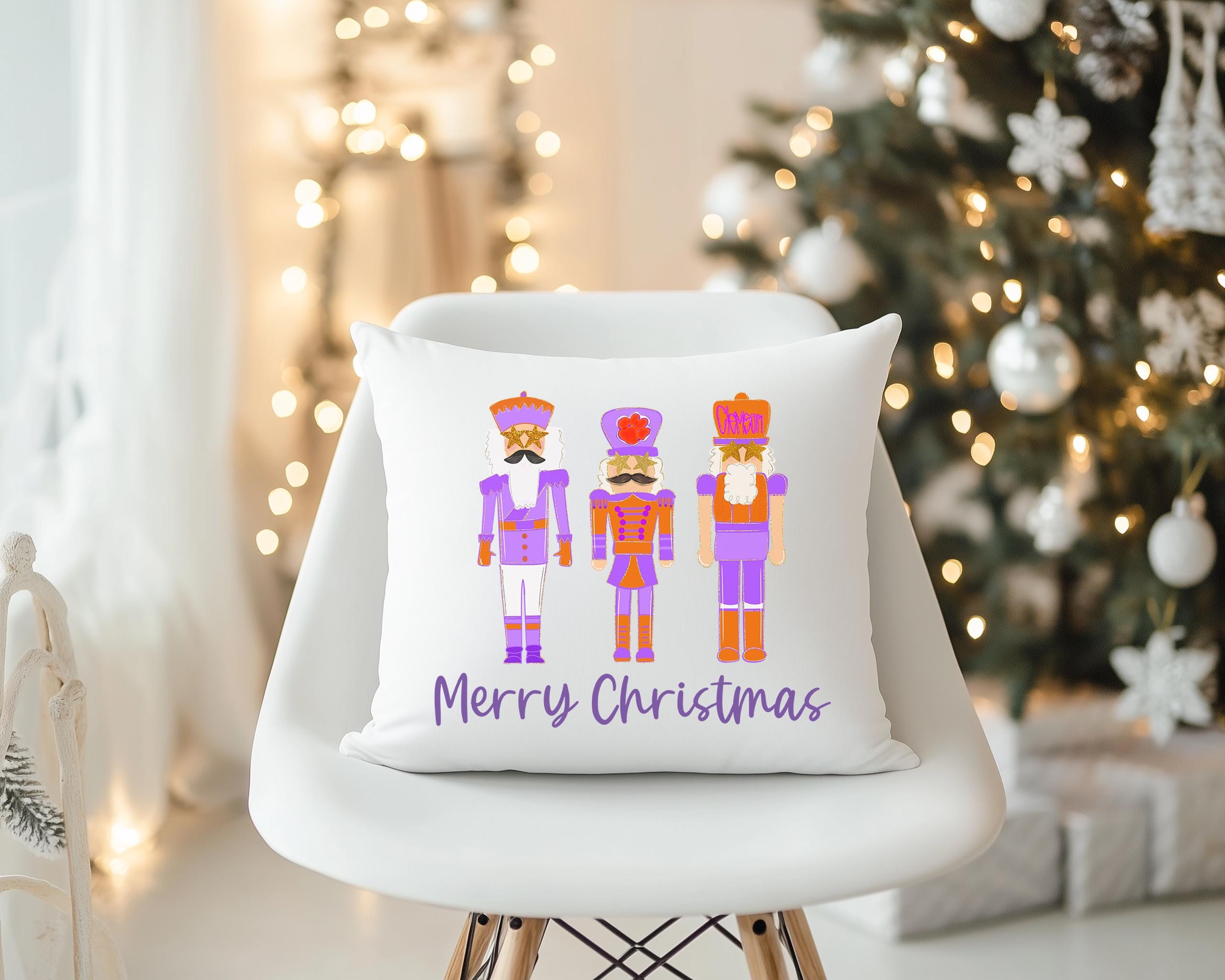 Clemson Christmas Pillow, Purple & Orange Nutcrackers, Tiger
