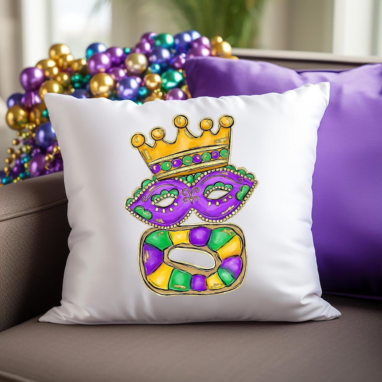 Mardi Gras Throw Pillow: NOLA Carnival Mask Design, 18x18 Pillow Cover
