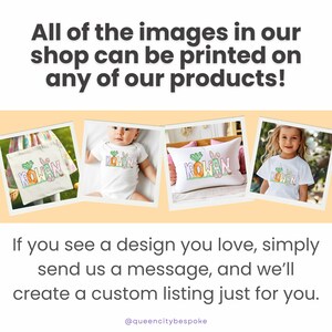 May include: Three images showing different products with a personalized design featuring the name "ROWAN" and a carrot and bunny graphic. The products include a tote bag, a baby onesie, and a pillow.