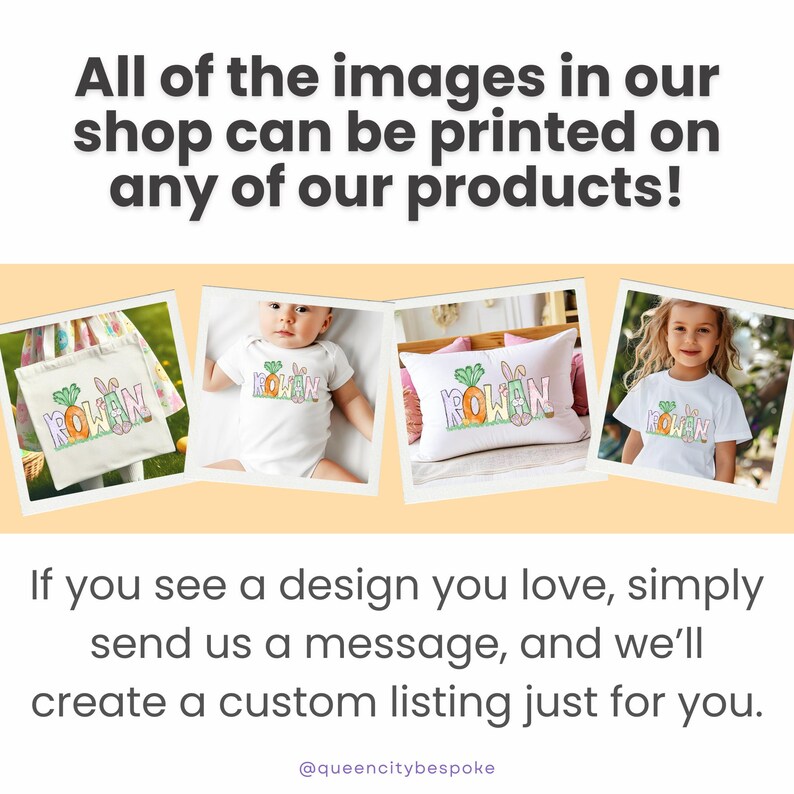 May include: Three images showing different products with a personalized design featuring the name "ROWAN" and a carrot and bunny graphic. The products include a tote bag, a baby onesie, and a pillow.
