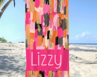 Toalla de playa personalizada con nombre de niña, toalla de playa con pinceladas de nombre de niña, toalla de piscina personalizada, regalo para viaje de chicas, regalo de playa personalizado para dama de honor