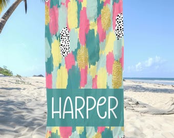 Toalha de praia personalizada com pinceladas: toalha de piscina com nome personalizado