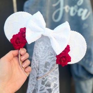 Bride Mouse Ears w/ Lace Veil | Bridal Disney Ears | Wedding Mickey Ears | Bachelorette Accessories | Disney Bride Gifts