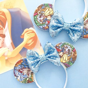 Orejas de vitral / Orejas de La Bella y la Bestia / Orejas de Bella Disney / Orejas de Mickey de vitral / Orejas de lentejuelas azules / Regalos Disney
