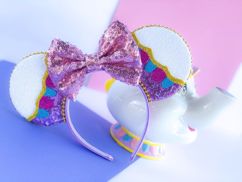 Mrs Potts Disney Mickey Minnie Mouse Ears | Beauty and The Beast Disney Mickey Minnie Mouse Ears | Sequin Ear Headband | Birthday Gifts 