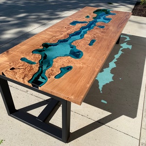 Live Edge Red Elm Burl River Glass Dining Table