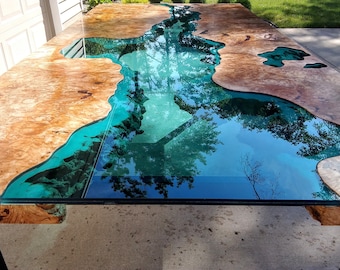 Big Leaf Maple Burl River Glass Dining Table