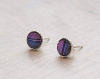 Blue and purple stud earrings, 6mm small round stud earrings, acrylic and resin earrings, sterling silver studs, gift for her