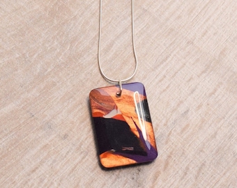 Modern abstract pendant, copper and purple pendant, colourful resin pendant, rectangle pendant, gift for her, lightweight necklace