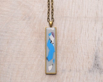 Grey and blue abstract necklace, unique rectangle necklace, brass and resin necklace, geometric necklace, unique necklace, gift for her