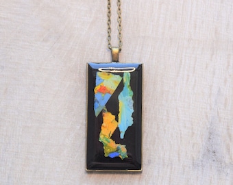 Black abstract necklace, vibrant rectangle necklace, brass and resin necklace, geometric necklace, unique necklace, gift for her