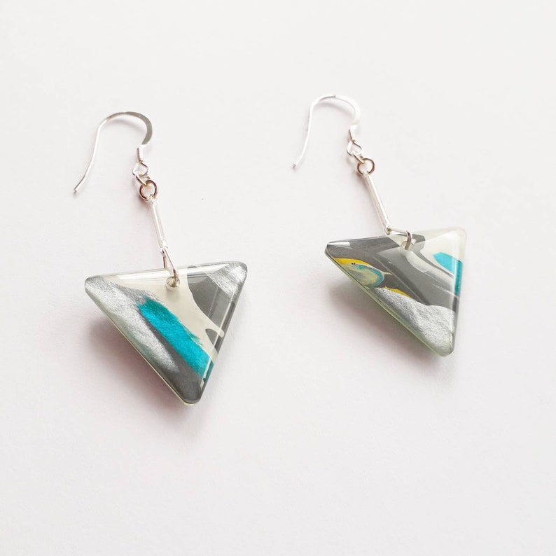 Abstract art earrings, triangle drop earrings, colourful earrings, abstract jewelry, dangle earrings, gift for her, vibrant earrings image 2