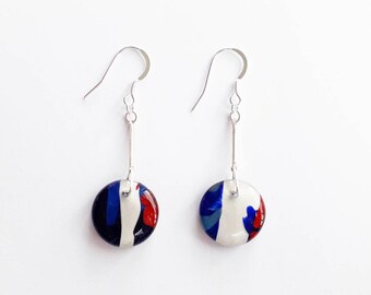 Red, white and blue Round Drop Earrings, abstract art earrings, round dangle earrings, unique jewelry gift for her, resin earrings,