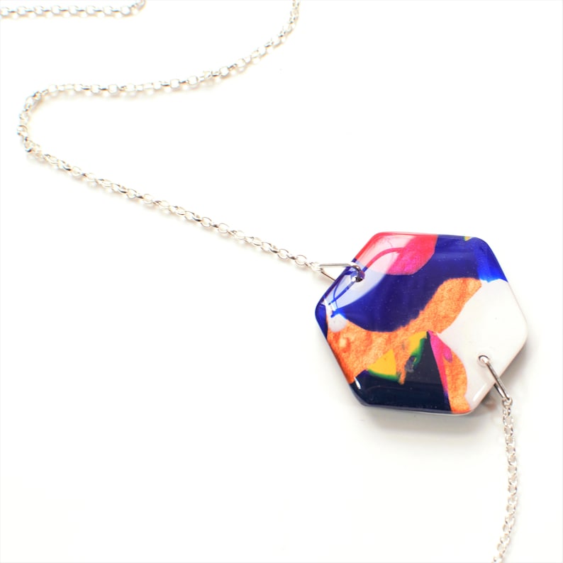geometric resin and acrylic necklace gift for her Hexagonal necklace statement jewellery colourful necklace wearable art necklace