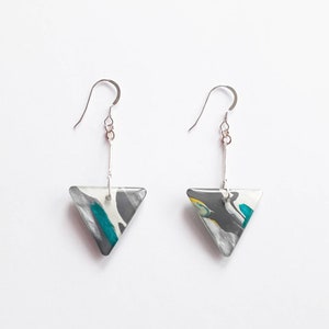 Abstract art earrings, triangle drop earrings, colourful earrings, abstract jewelry, dangle earrings, gift for her, vibrant earrings image 1