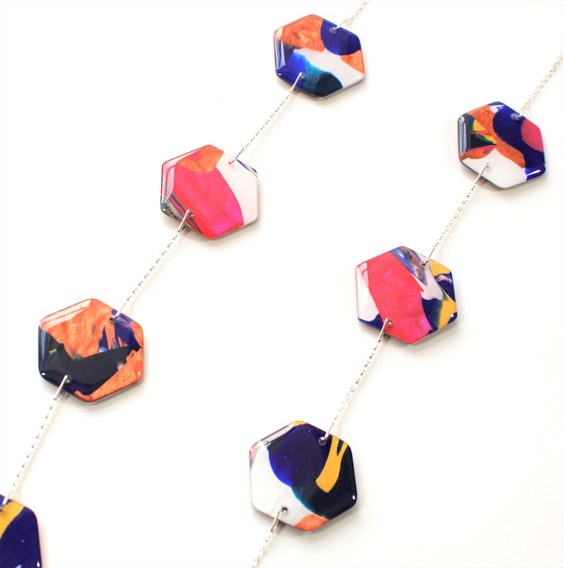 geometric resin and acrylic necklace gift for her Hexagonal necklace statement jewellery colourful necklace wearable art necklace
