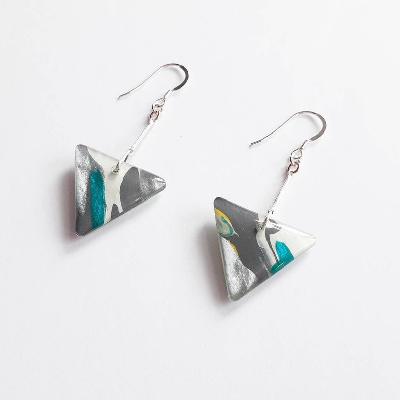 Abstract art earrings, triangle drop earrings, colourful earrings, abstract jewelry, dangle earrings, gift for her, vibrant earrings image 3