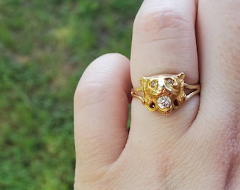 Lion Head Ring set with Genuine Diamond in mouth /& Natural Rubies in eyes Yellow Gold Plated over Silver .925