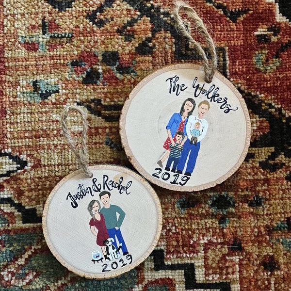 Wooden Custom Hand Painted Family Portrait, Personalized Wood Slice Portrait, Wood Slice Ornament, Wooden Keepsake