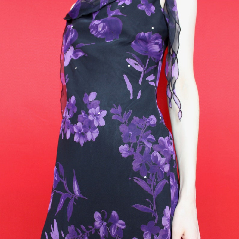 Size 10 Vintage 90s Black Purple Floral Pattern Asymmetrical Neckline Adjustable Spaghetti Strap A-Line Formal Mini Dress w Sheer Overlay