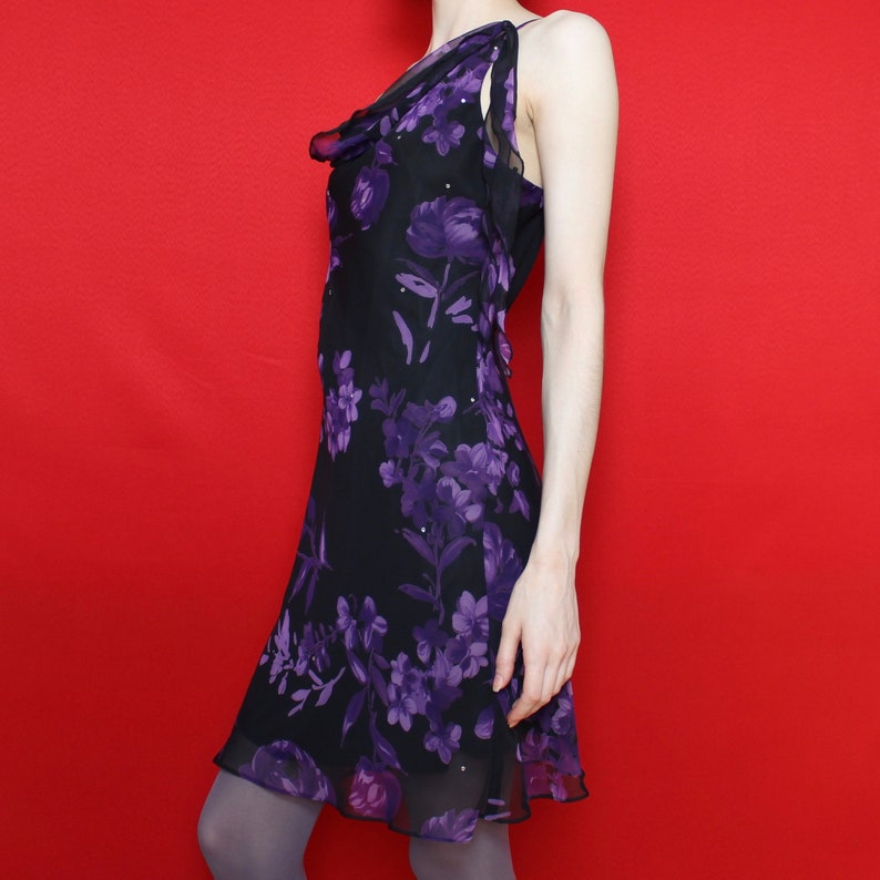 Size 10 Vintage 90s Black Purple Floral Pattern Asymmetrical Neckline Adjustable Spaghetti Strap A-Line Formal Mini Dress w Sheer Overlay
