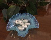 Vintage Fenton Hobnail Blue Aqua Opalescent Ruffled Bowl