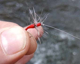 Moscas de pesca Tenkara Kebari: seda roja, anzuelo sin rebaba, tamaños 12/14