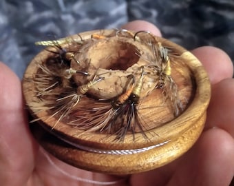 Kawaī tomodachi or "Little Friend" wooden Tenkara Line Spool  2.5" (6.35 cm), reclaimed cork fly holder Fully Loaded with line & some flies