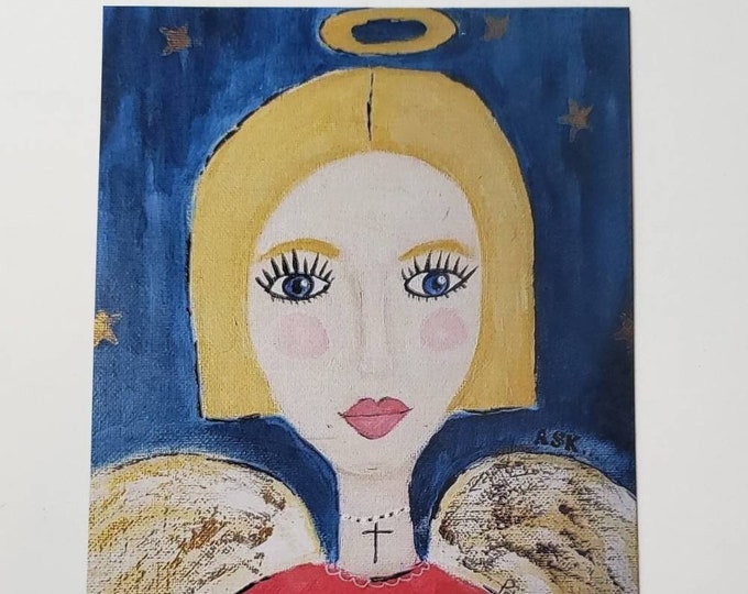 Angel  Magnet "Ask" Faith Word -Blond Angel small art- gift idea under 10 - 3.5" x 4.50 " Fridge Magnet