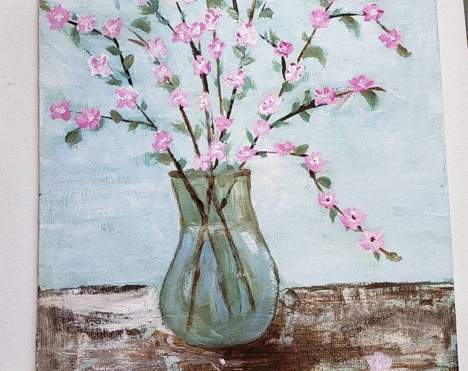 Vase of Flowers  "Pink Cherry Blossoms " - 8x10 original acrylic painting-Unframed canvas Panel-free shipping