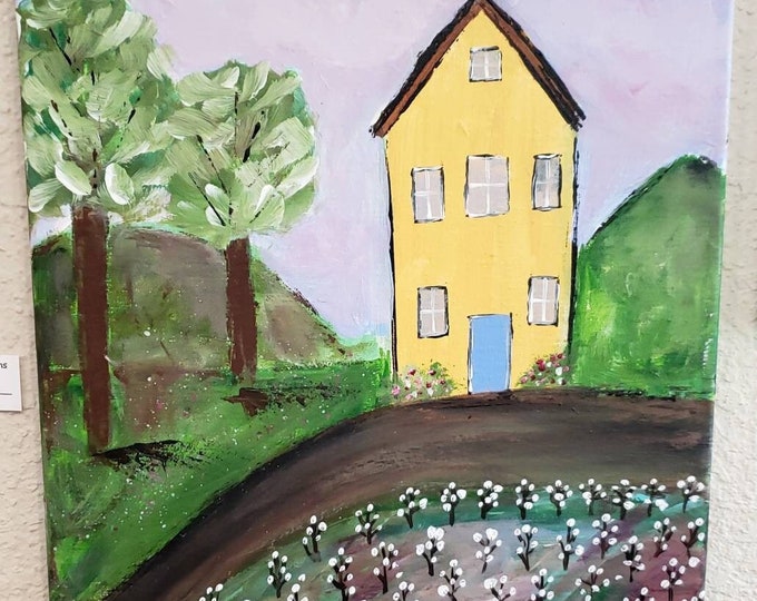 Cotton Farm "The Yellow House on the Hill" - 12x16 Original Acrylic Painting - Folk Art home decor- Primitive wall art- Farmhouse