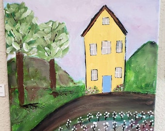 Cotton Farm  "The Yellow House on the Hill" - 12x16  Original Acrylic Painting - Folk Art home decor- Primitive art