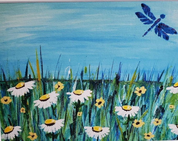 Artist PRINT  " Meadow of Daisies" - white matted to 8x10 frame size - white daisy flowers wall art -Daisies and Dragonfly
