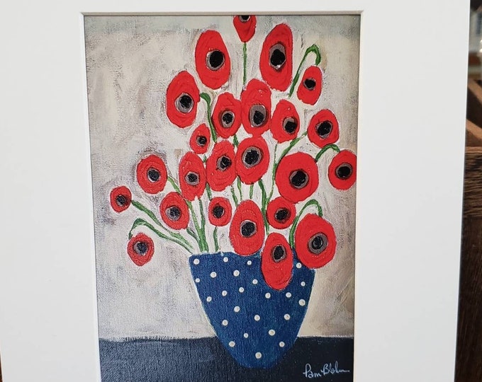 Red Poppies Artist PRINT- Red,White, & Blue Home decor - Red Flowers PRINT white matted ready to frame size 8x10